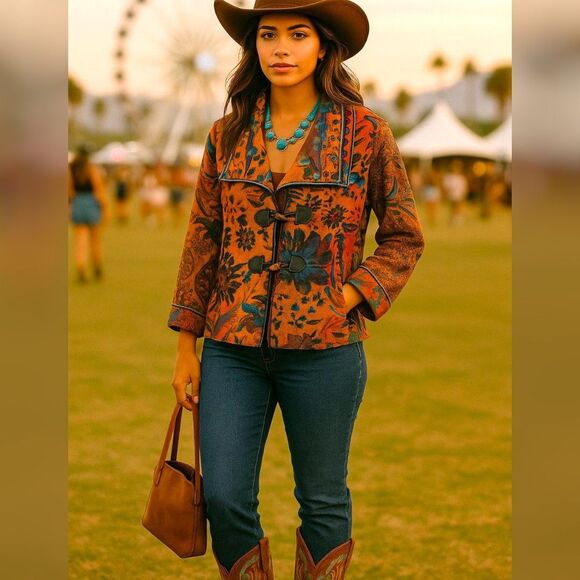 Parsley & Sage M Boho Southwestern Tapestry Wool Blend Toggle Jacket Artsy Coat - Picture 1 of 11